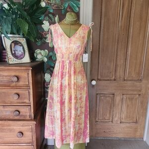 Japna Tie-Dye Midi Dress – Pink & Yellow – Smocked Waist – Size S